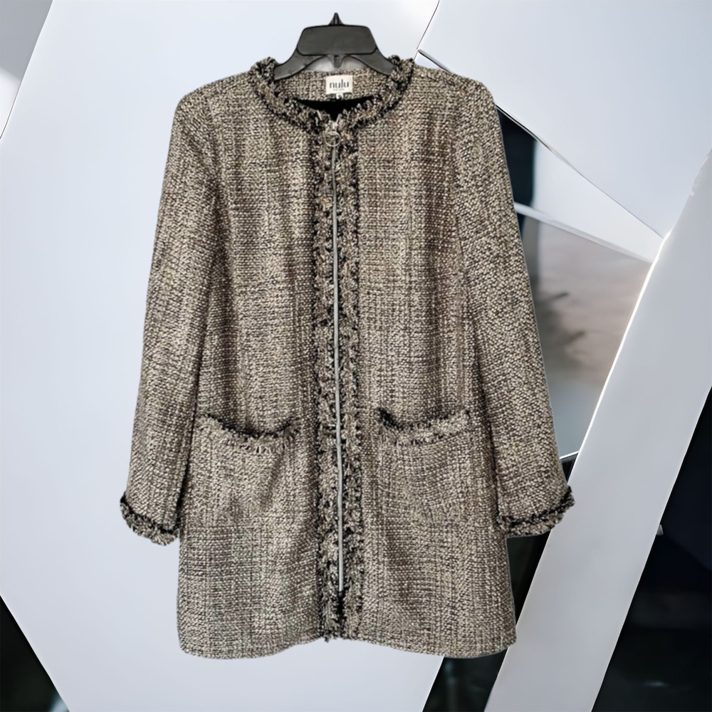 Nulu Fringe Trim Long Tweed Blazer in Gray Size Medium - Picture 1 of 9